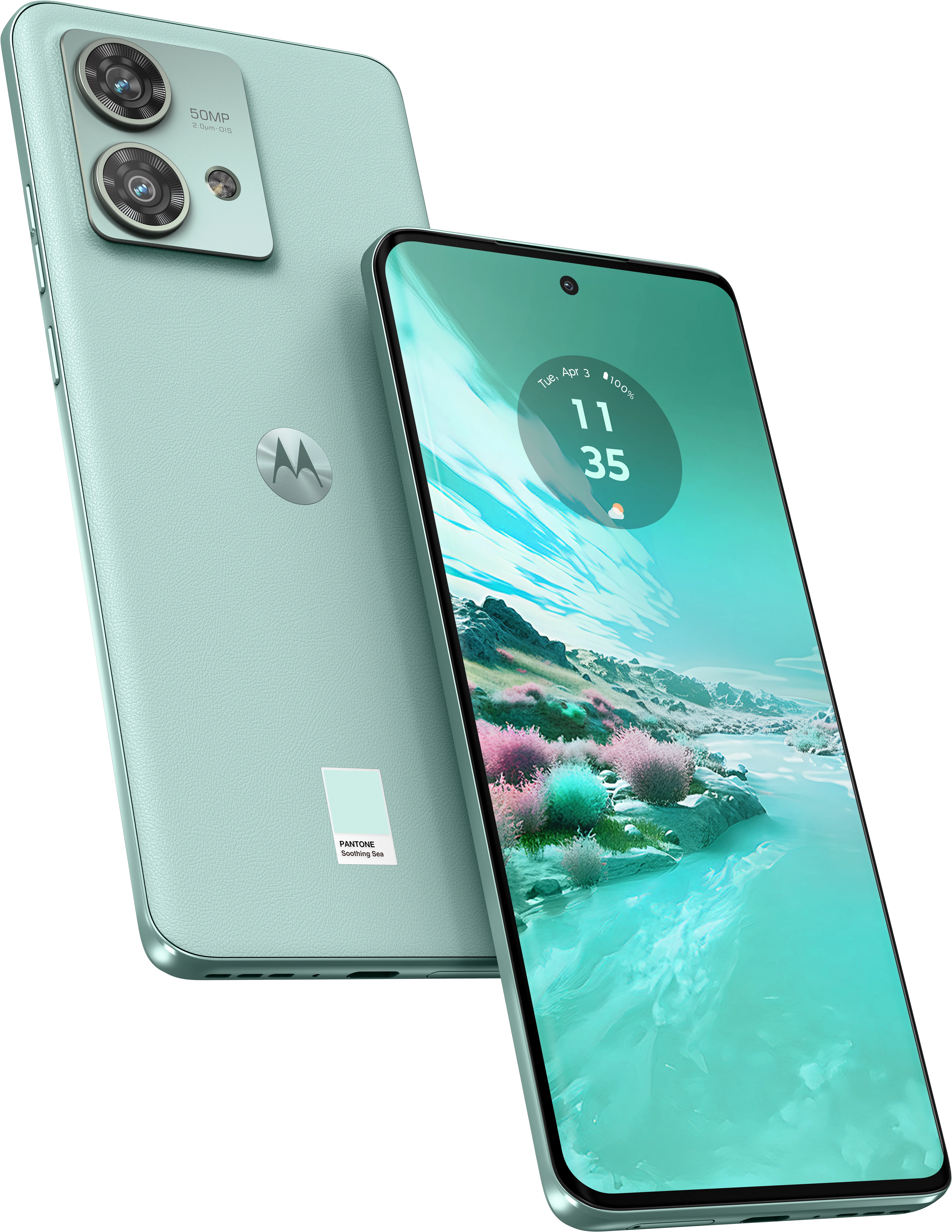 edge 40 neo en PANTONE Soothing Sea, vista Front + Back