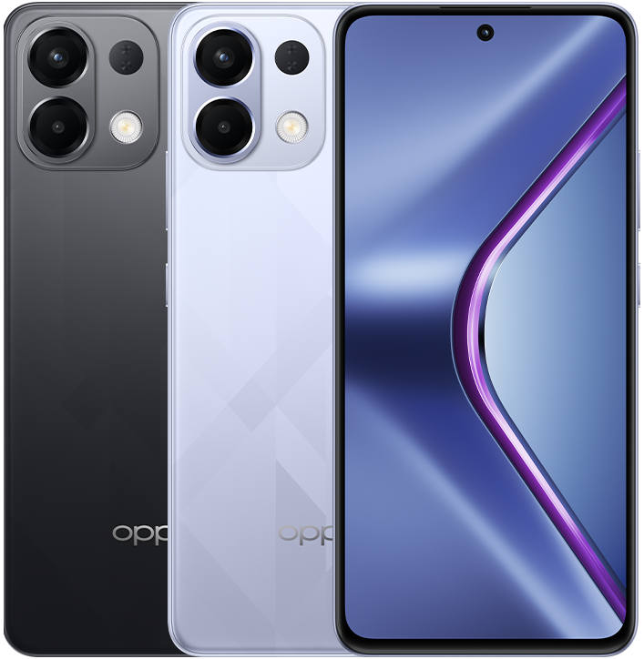 OPPO k13 5G in Icy Purple, front and back view
