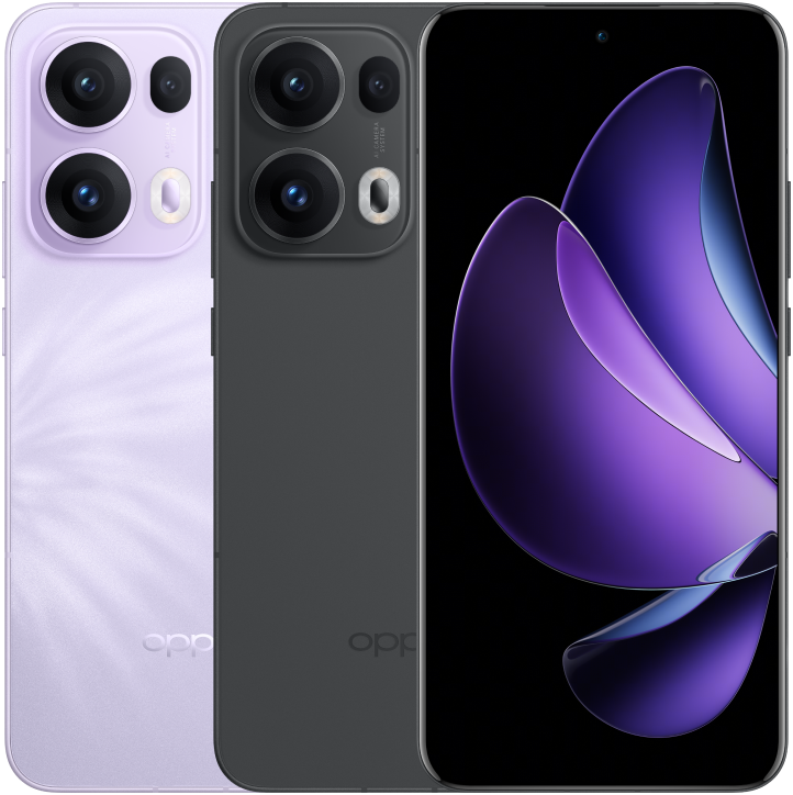 OPPO reno13 Pro in Plume Purple, front and back view