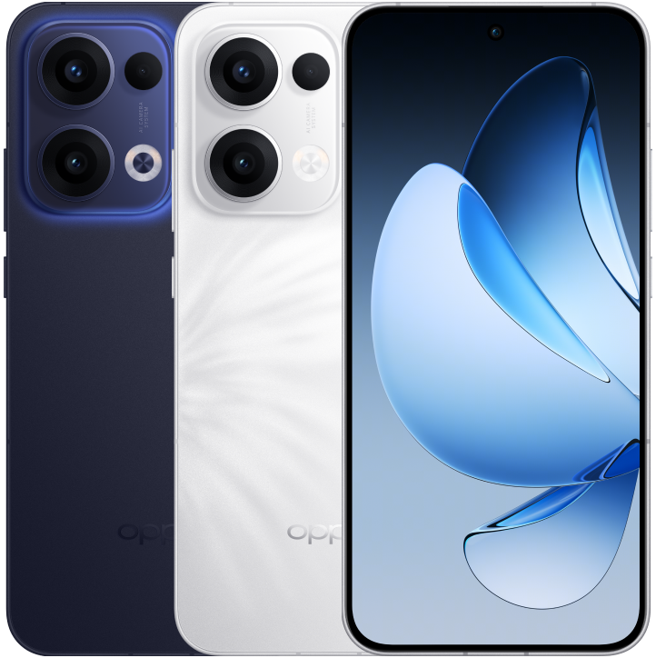 OPPO reno13 in Luminous Blue, front and back view