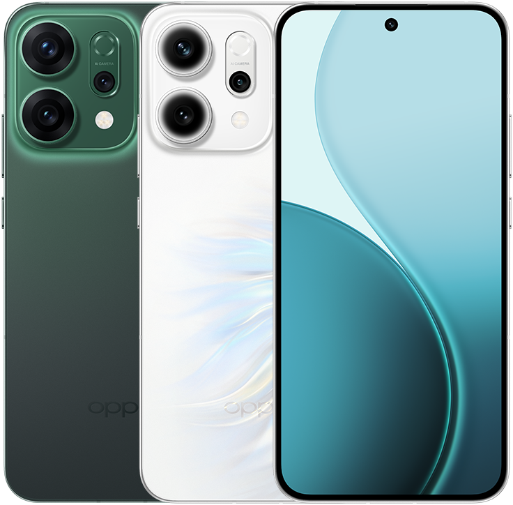 Reno14 in Luminous Green, Front + Back view