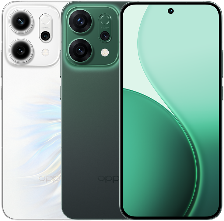 OPPO reno14 in Opal White, front and back view