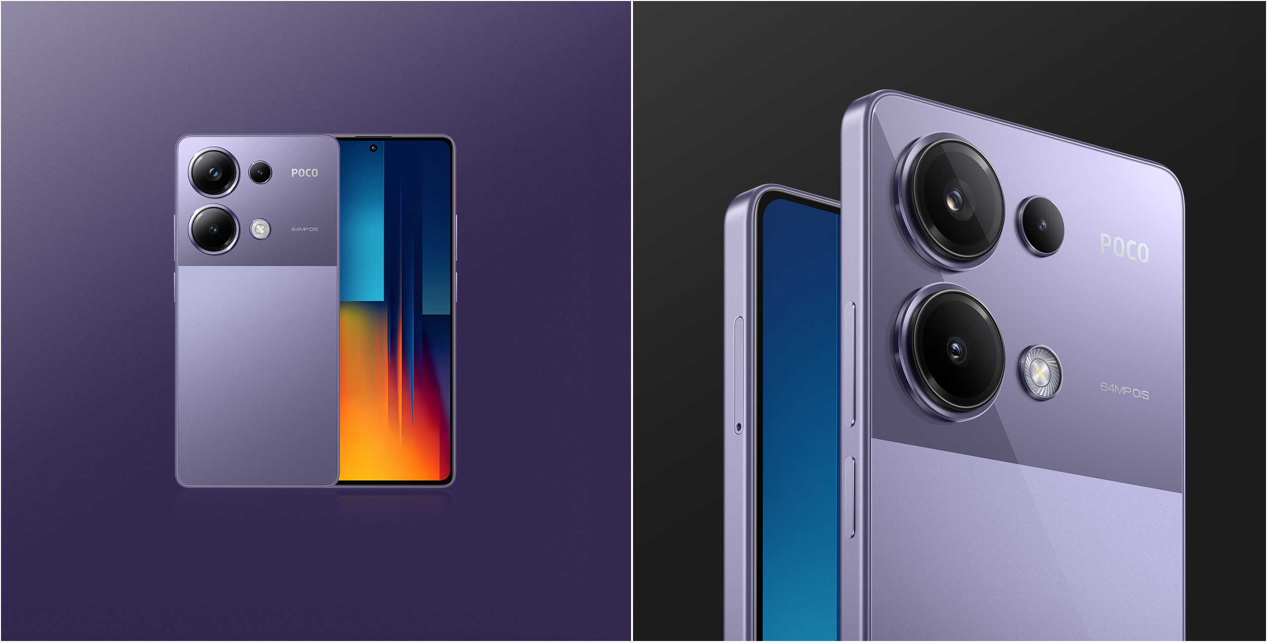 POCO M6 Pro in Purple, front and back view