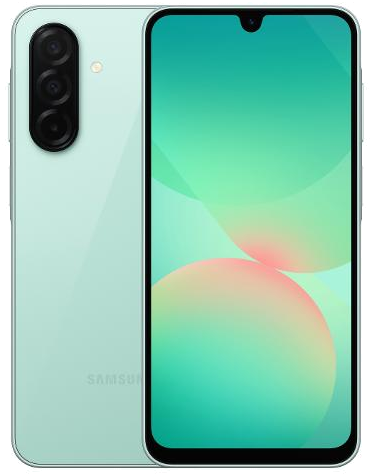 Galaxy A26 in Mint, front and back view