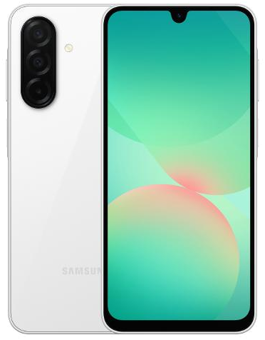 Galaxy A26 in White, front and back view