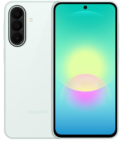 Galaxy A27 in Light Green, front and back view
