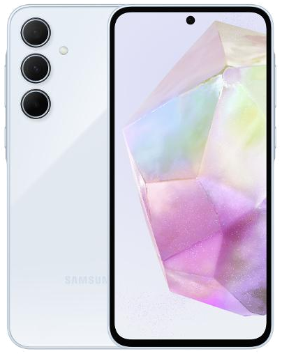 Galaxy A35 in Awesome Iceblue, front and back view