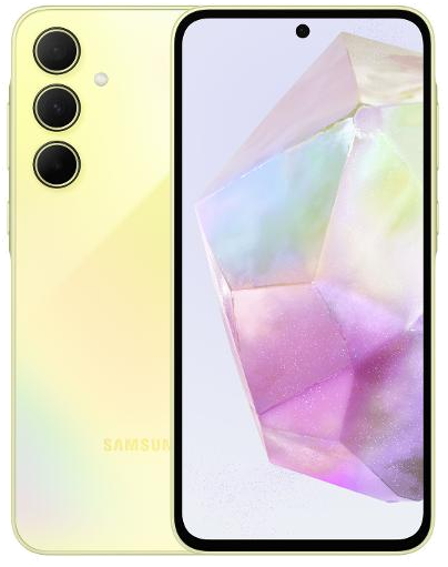 Galaxy A35 in Awesome Lemon, front and back view