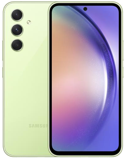 Galaxy A54 in Amazing Lime, Front + Back view