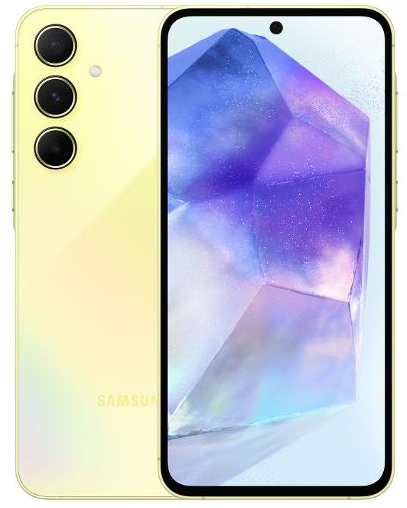 Galaxy A55 in Awesome Lemon, front and back view