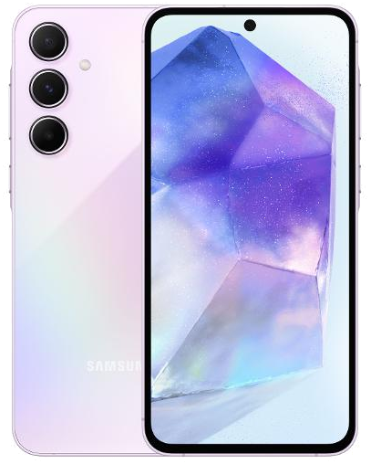 Galaxy A55 in Awesome Lilac, front and back view