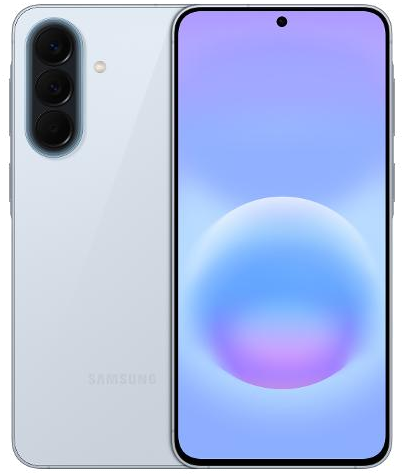 Galaxy A57 in Icy Blue, front and back view