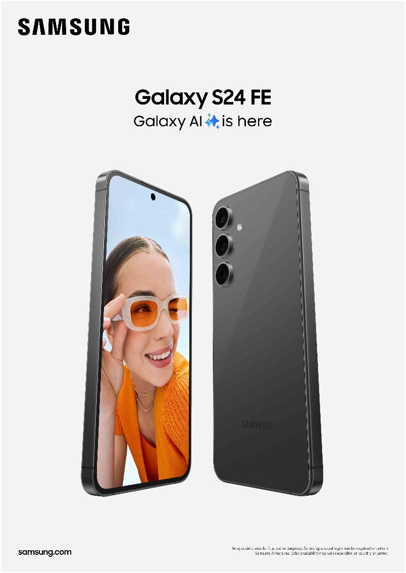 Galaxy S24 FE in Graphite, front and back view