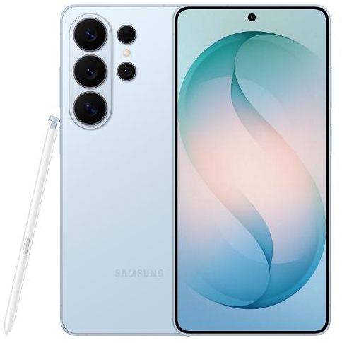 Galaxy S26 Ultra in Sky Blue, front and back view