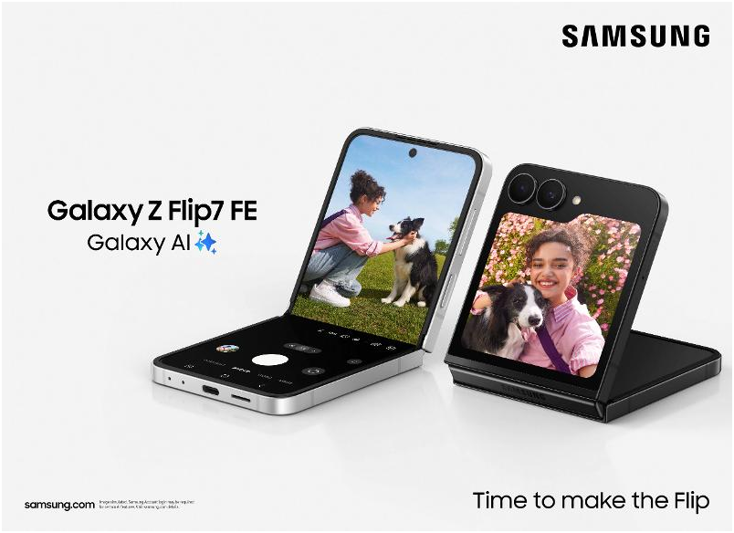 Galaxy Z Flip7 FE in White, front and back view