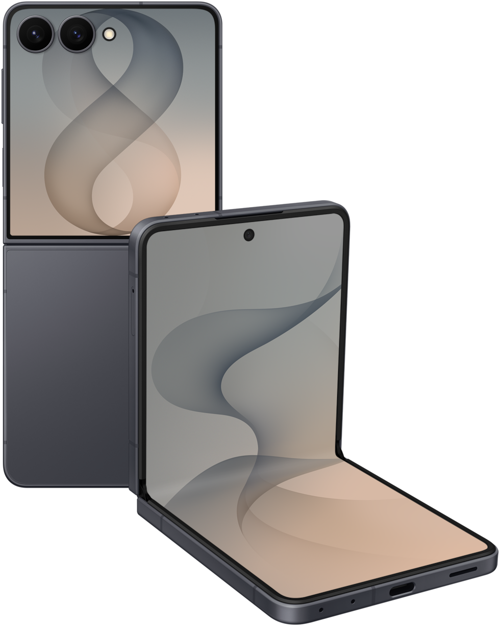 Galaxy Z Flip8 in Graphite, closed and flex view